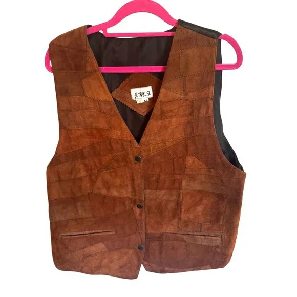 J.M.T. 70s Vintage Brown Leather Vest Jacket Suede Patchwork Western Boho Hippy - Picture 1 of 8